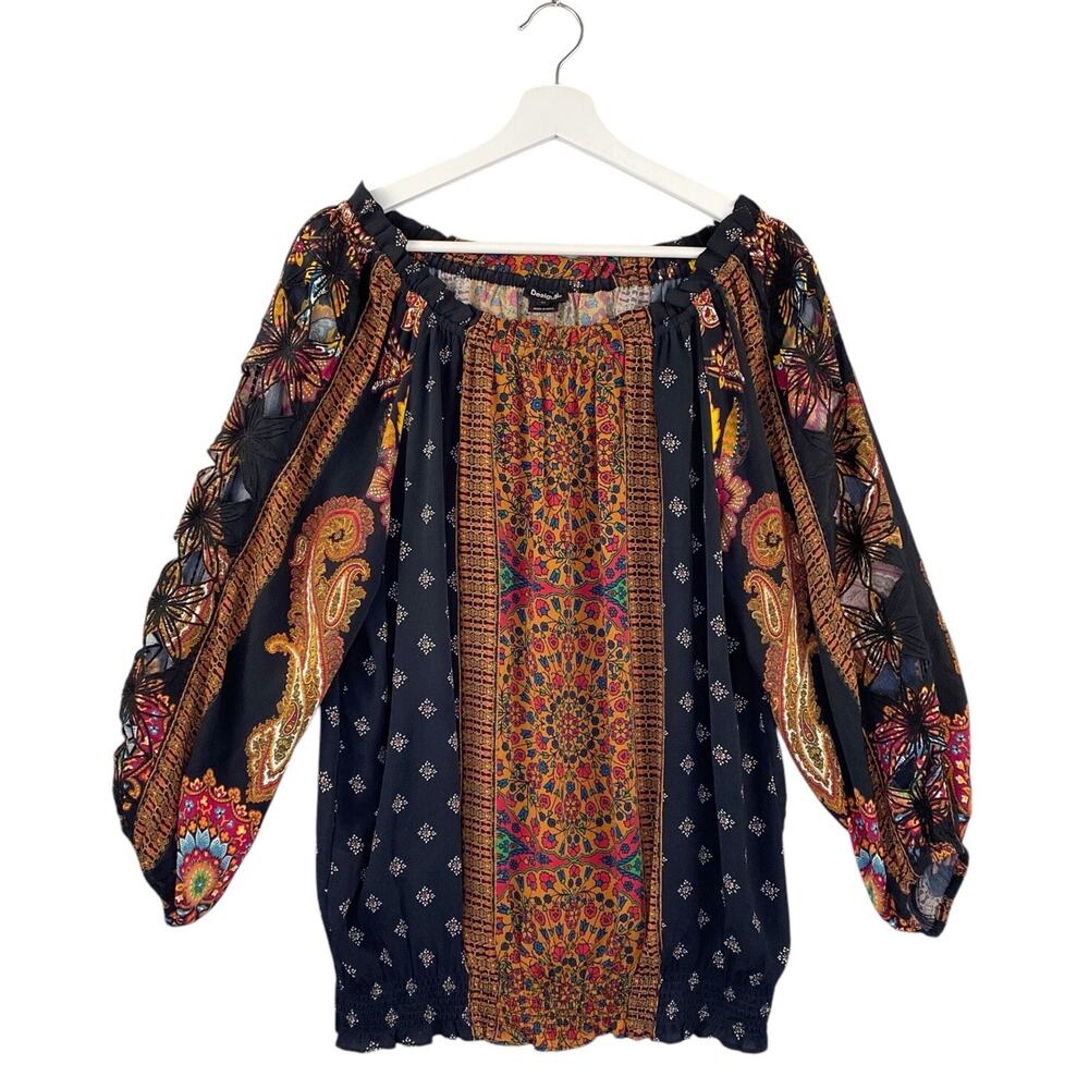 DESIGUAL Women's Medium Elastic Shoulder Boat Neck Viscose Boho Top Smocked Hem